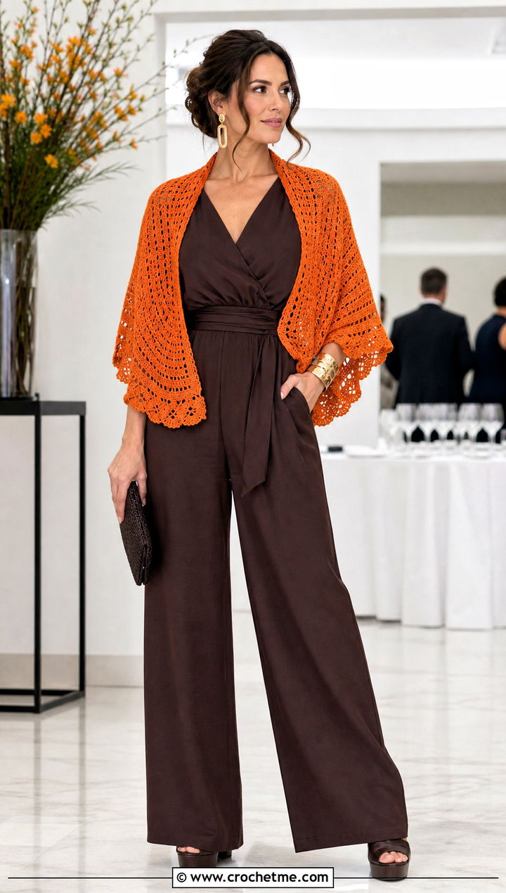Half Circle Crochet Cotton Shawl With Wide Leg Jumpsuit - 15 Crochet Cotton Shawl outfit ideas