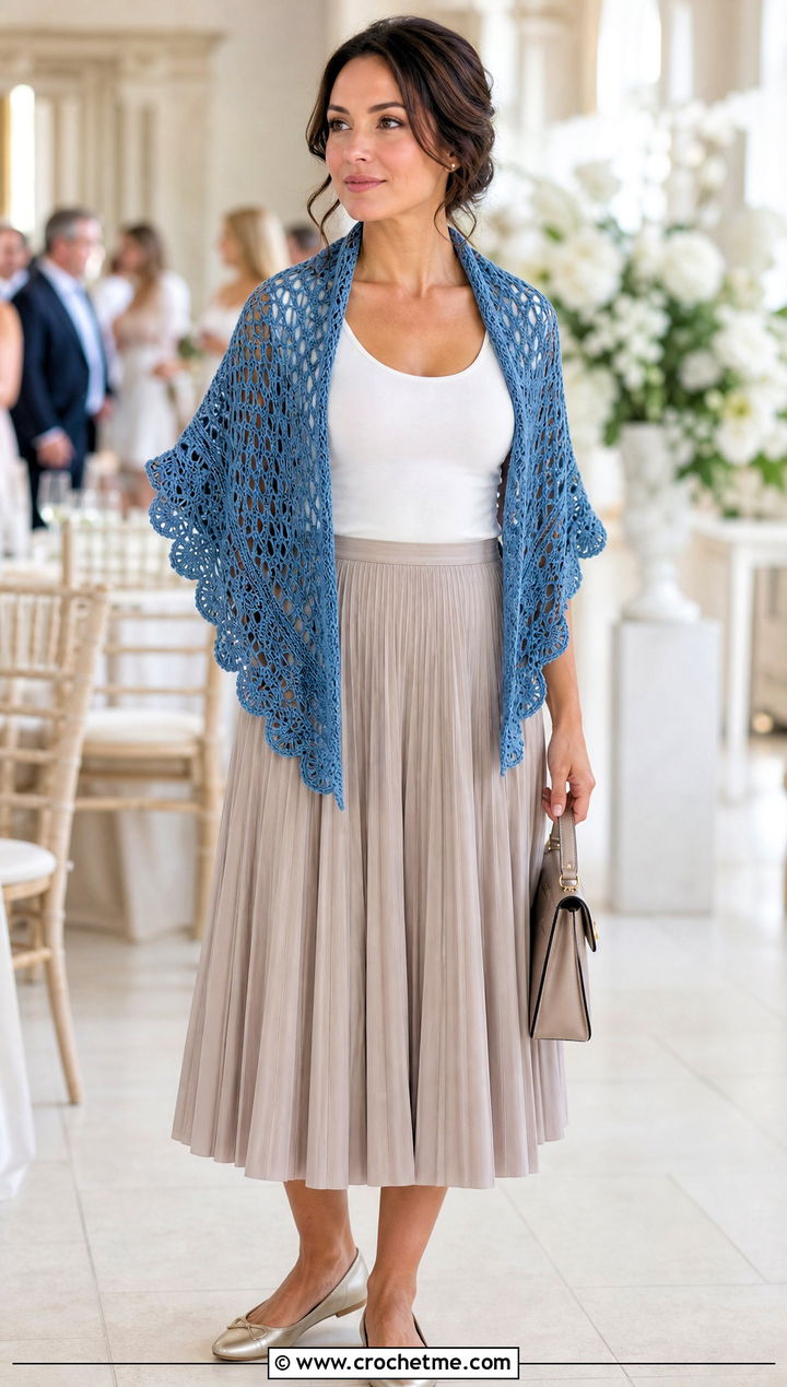 Half Circle Crochet Lace Shawl With A Midi Skirt - 30 easy crochet lace shawl outfit ideas
