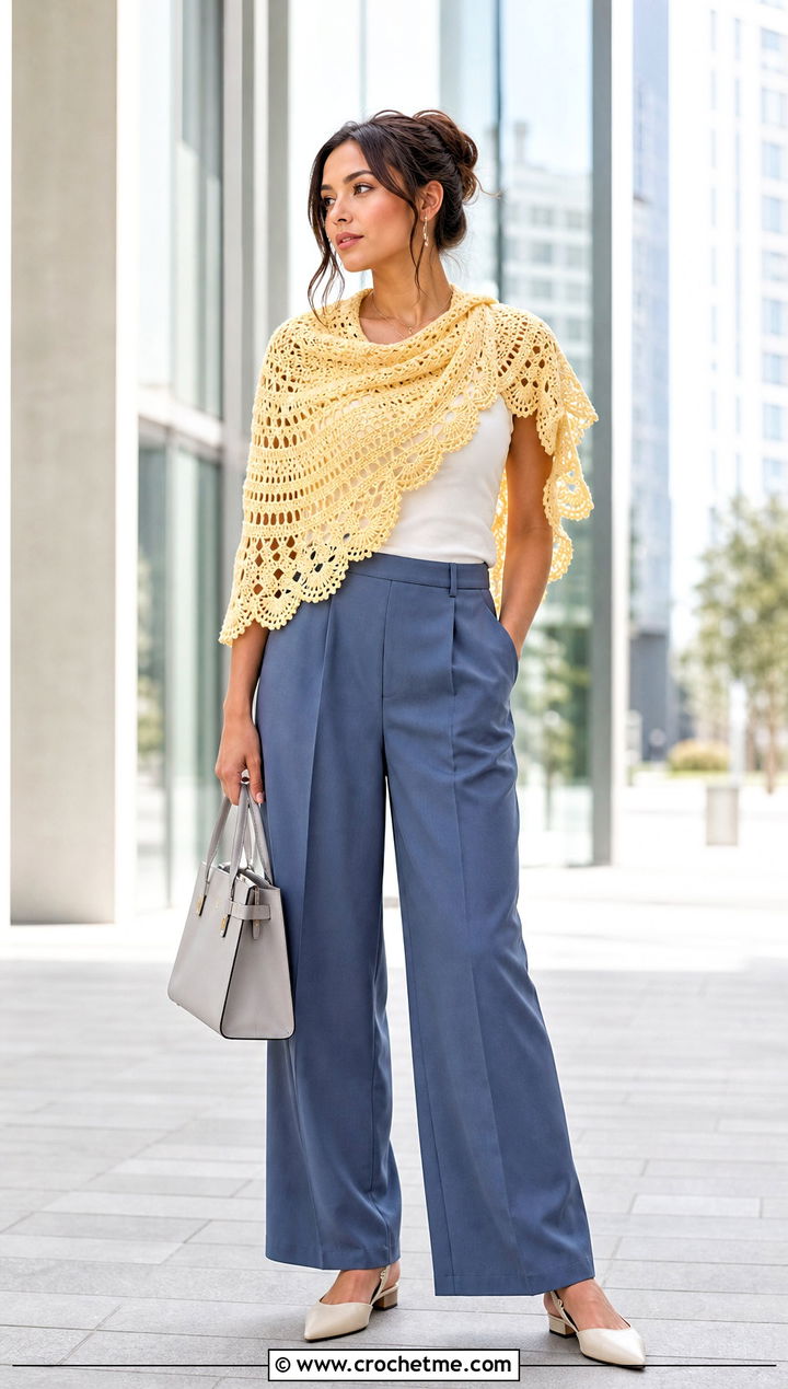 Half Circle Crochet Mandala Shawl With Wide Leg Trousers - 25 Crochet Mandala Shawl outfit ideas