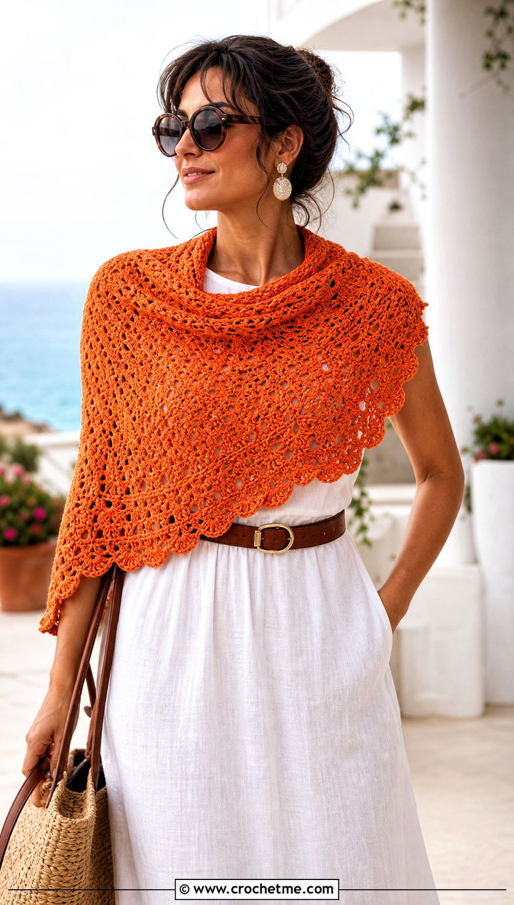 Half Circle Crochet Shawl Scarf With Linen Dress - 30 crochet shawl scarf outfit ideas
