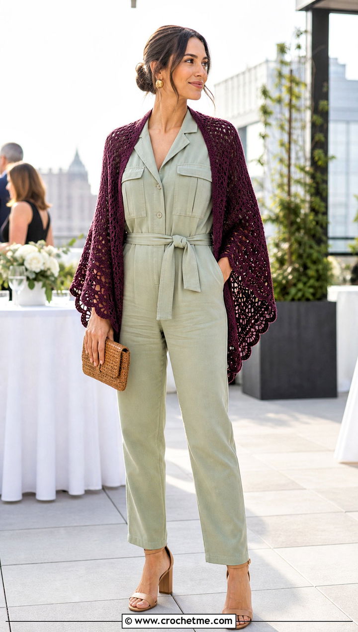 Half Circle Crochet Shawl With A Jumpsuit - 30 crochet summer wrap outfit ideas