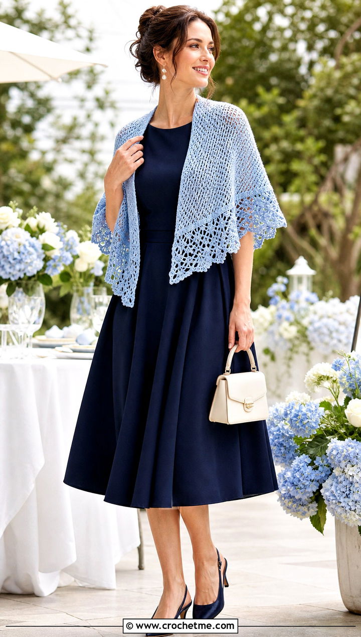 Half Circle Crochet Shawl With Fit And Flare Dress - 30 crochet shawl wrap outfit ideas