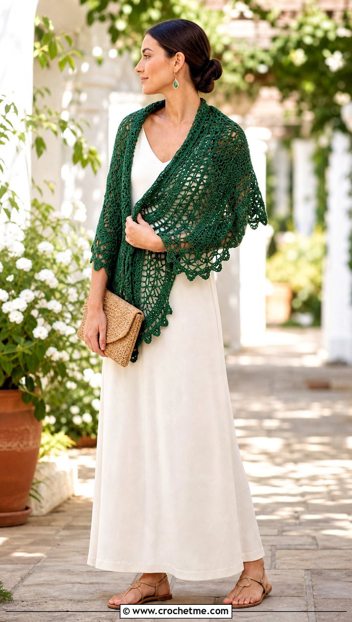 Half Circle Crochet Shawl With Maxi Dress And Sandals - 30 simple crochet shawls and wraps outfit ideas