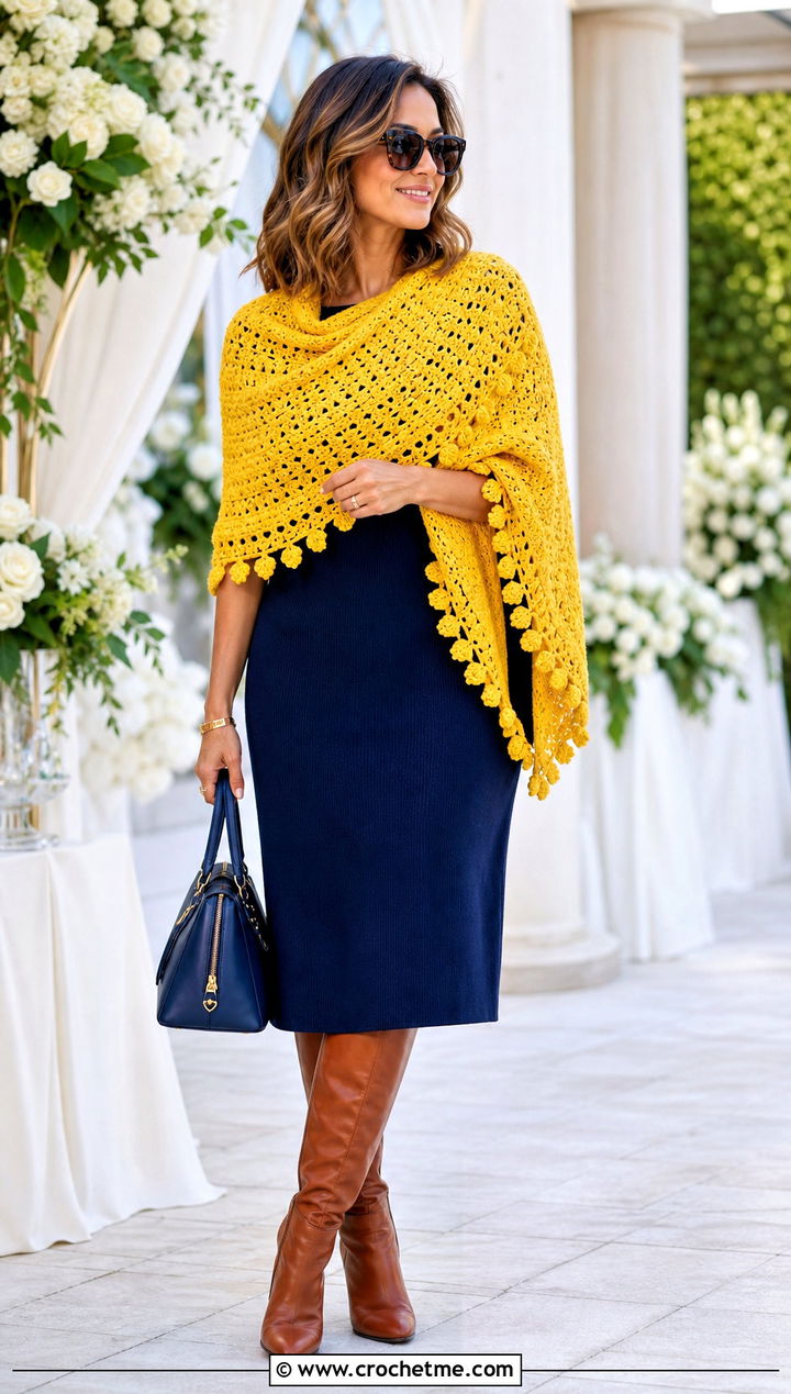 Half Circle Crochet Shawl With Midi Dress - 25 Crochet A Shawl outfit ideas