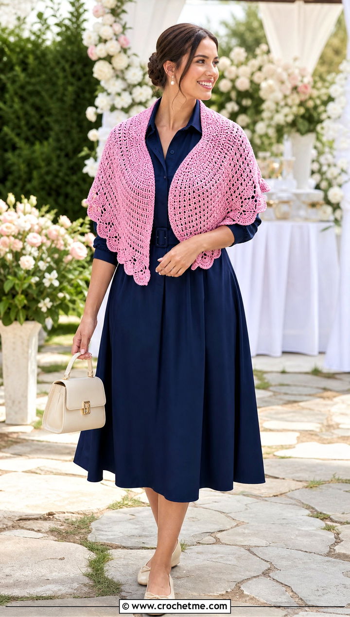 Half Circle Crochet Shawl With Midi Dress And Ballet Flats - 15 Easy Crochet Shawls outfit ideas