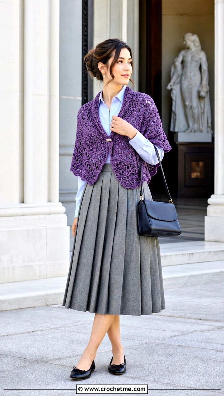 Half Circle Crochet Shawl With Pleated Midi Skirt - 35 quick crochet shawl outfit ideas