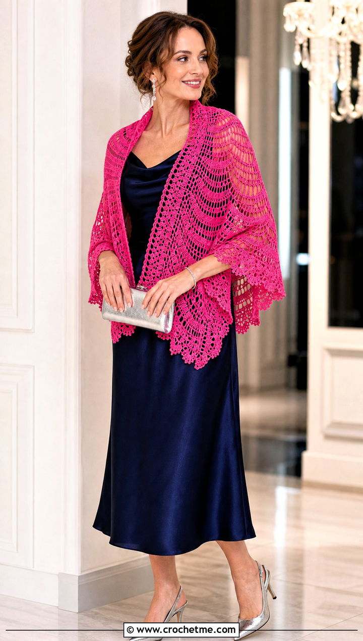 Half Circle Crochet Shawl With Satin Midi Dress - 25 crochet for shawls outfit ideas