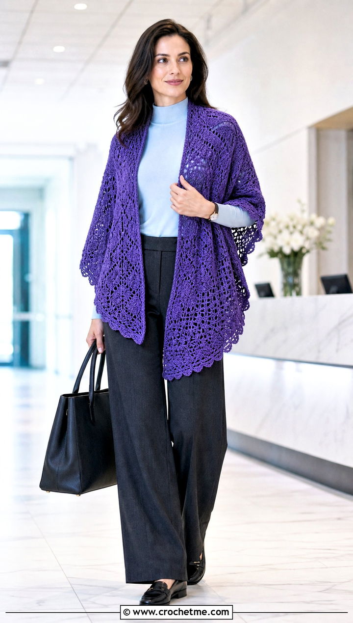 Half Circle Crochet Shawl With Tailored Trousers - 25 Stevie Nicks Crochet Shawl outfit ideas