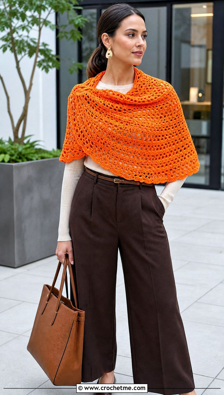 Half Circle Crochet Shawl With Wide Leg Trousers - 25 Spring Crochet Shawl outfit ideas
