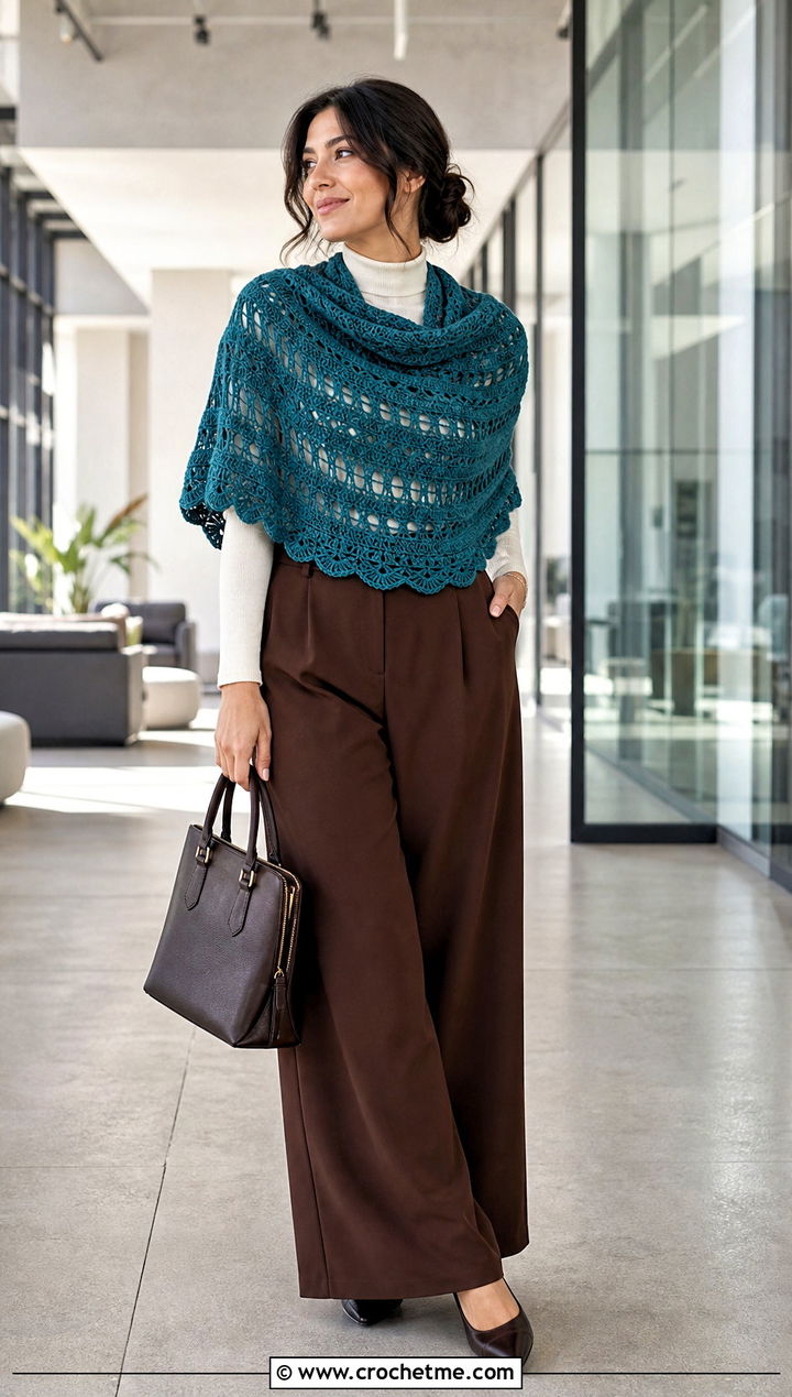 Half Circle Crochet Shawl With Wide Leg Trousers - 30 crochet circular shawl outfit ideas