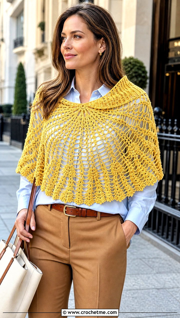 Half Circle Crochet Spiderweb Shawl With Tailored Trousers - 30 Crochet Spiderweb Shawl outfit ideas