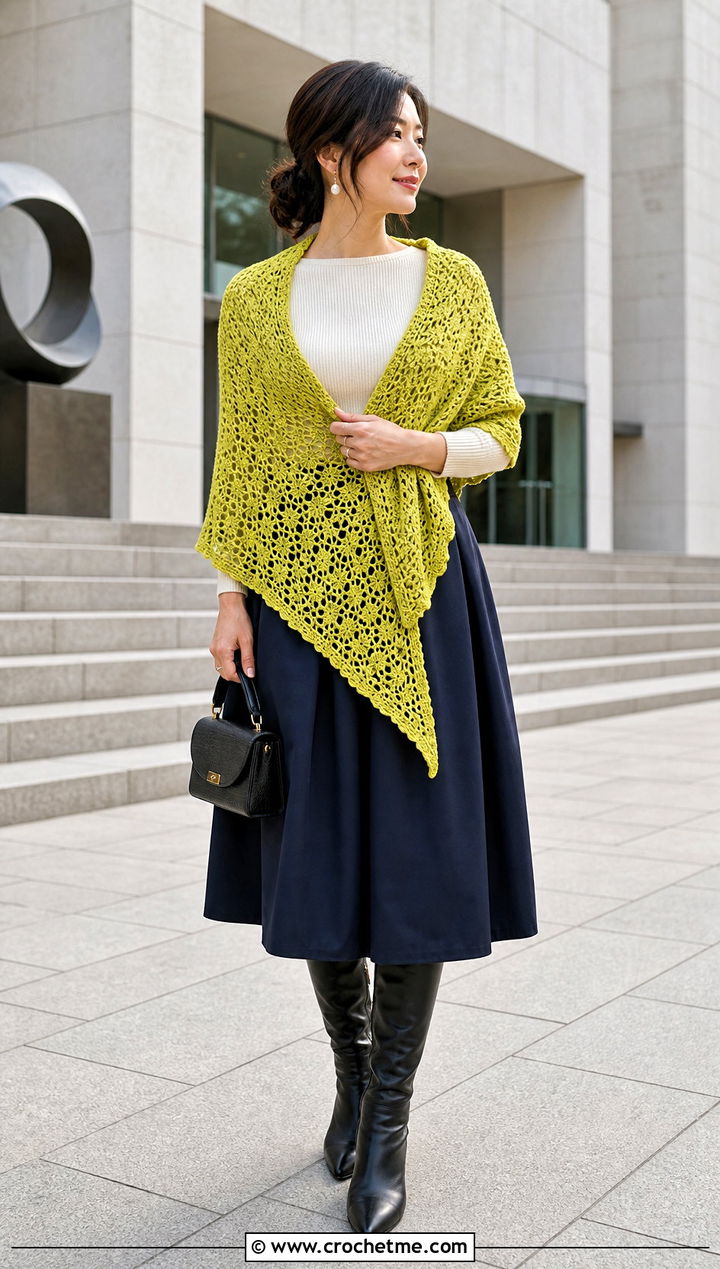 Half Circle Crochet Wrap Shawl With Midi Skirt - 35 crochet wrap shawl outfit ideas