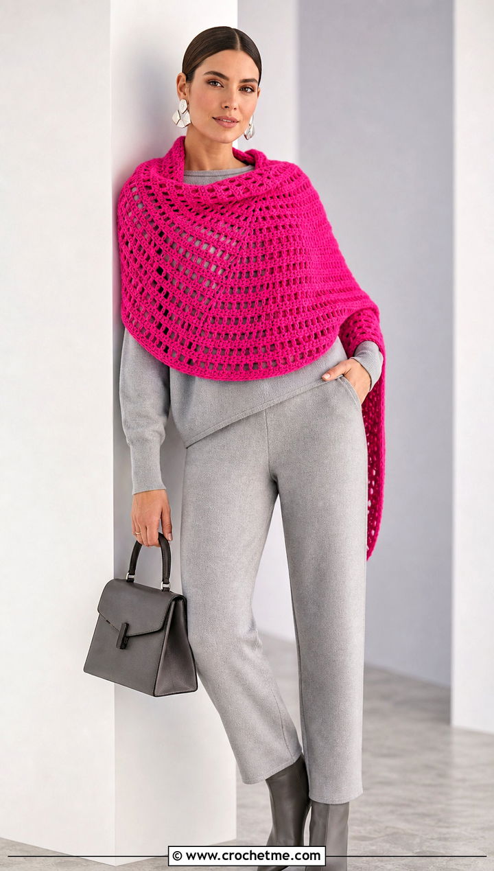 Half Circle Crocheted Shawl With A Monochrome Knit Outfit - 20 Crocheted Shawl outfit ideas