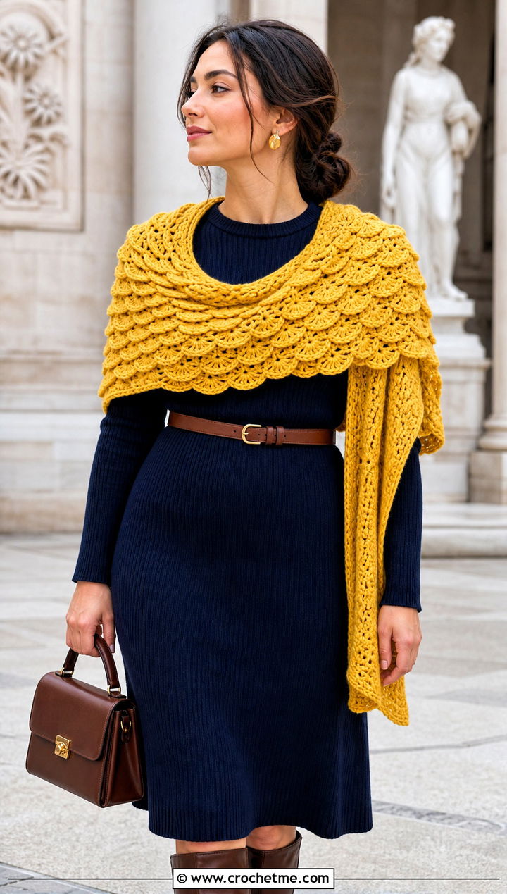 Half Circle Crocodile Stitch Shawl With Knit Midi Dress - 15 crocodile stitch crochet shawl outfit ideas