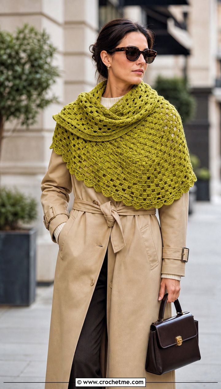 Half Circle Granny Crochet Shawl With Trench Coat - 15 Granny Crochet Shawl outfit ideas