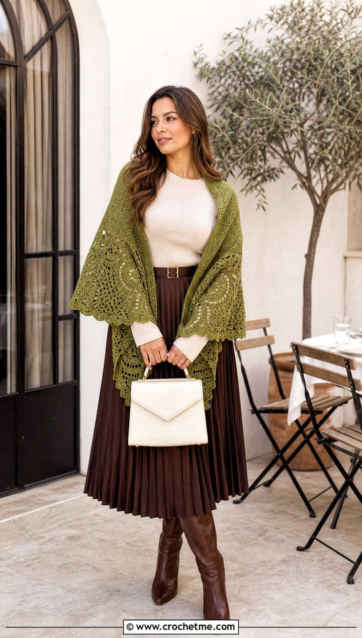 Half Circle Heart Crochet Shawl With Midi Skirt - 25 Heart Crochet Shawl outfit ideas