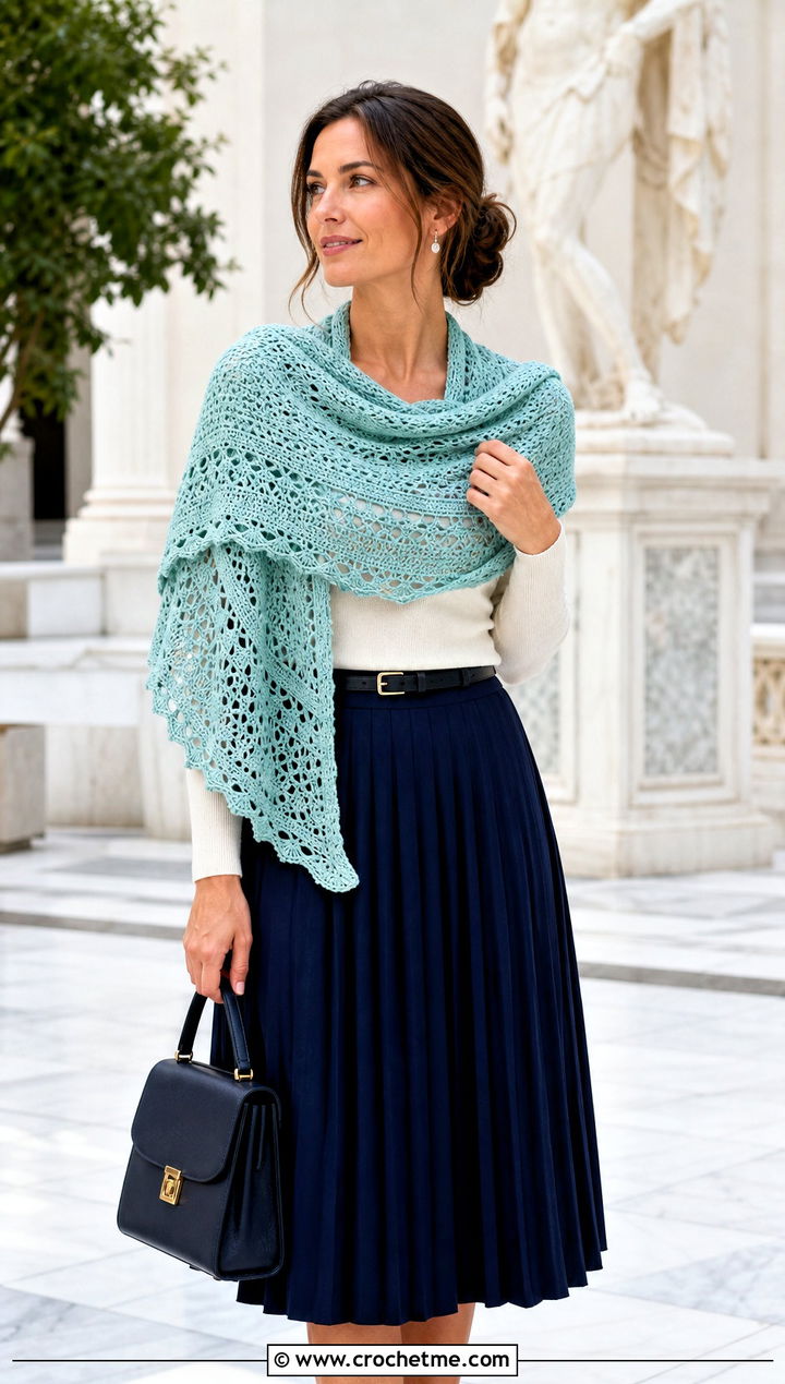 Half Circle Lace Crochet Shawl With Midi Skirt - 25 Lace Crochet Shawl outfit ideas