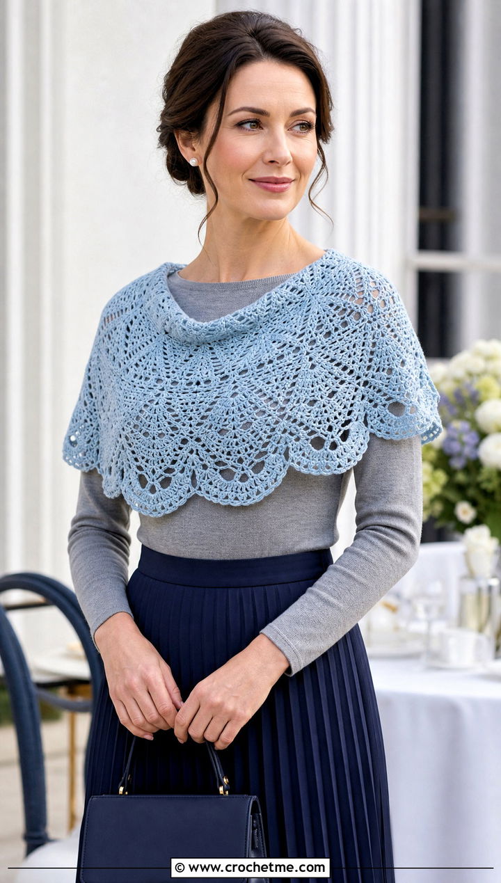 Half Circle Lace Crochet Shawl With Pleated Skirt - 15 Easy Lacy Crochet Shawl outfit ideas