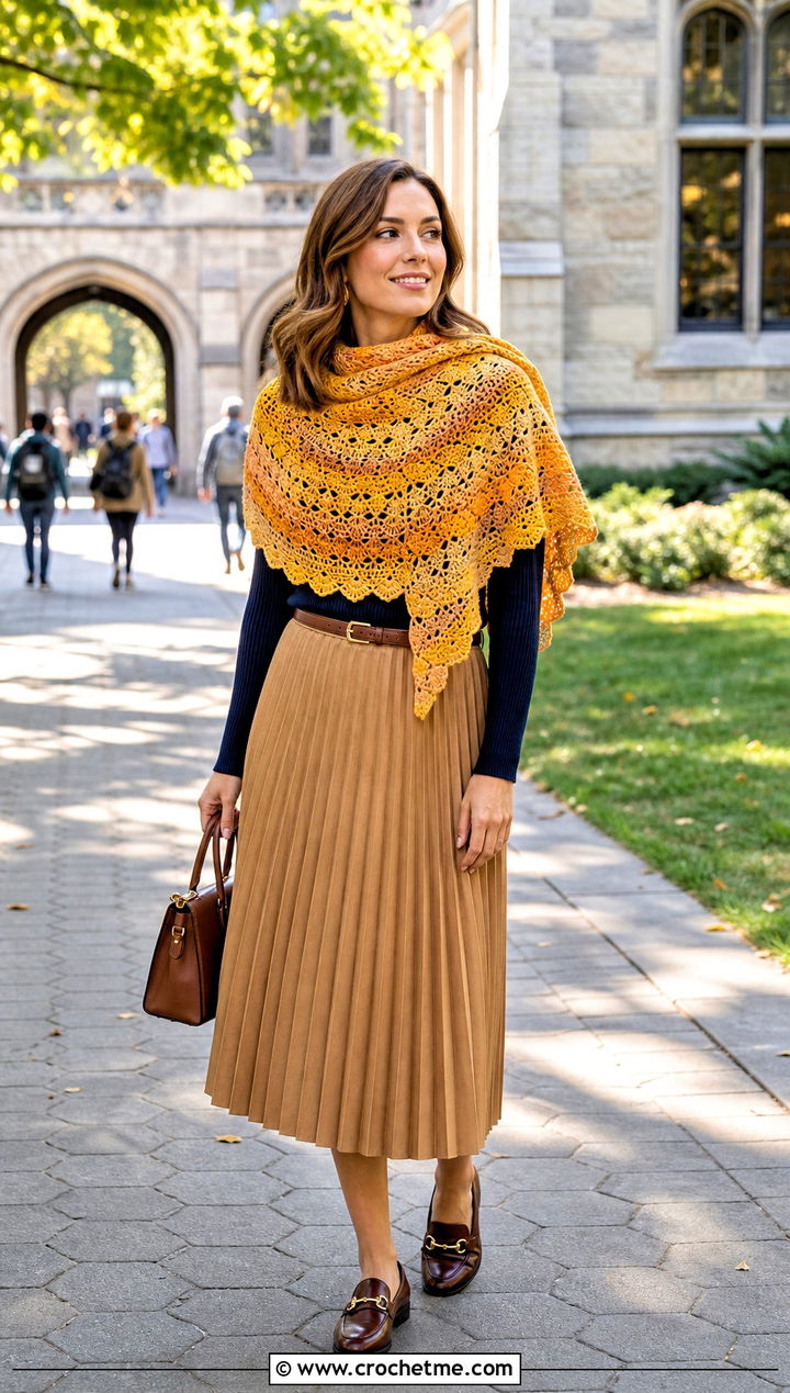 Half Circle Mandala Yarn Crochet Shawl With A Pleated Skirt - 15 Crochet Shawl Mandala Yarn outfit ideas