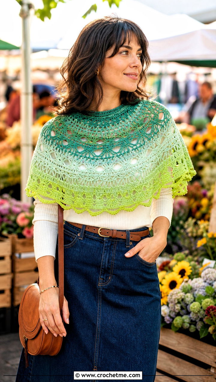 Half Circle Mandala Yarn Crochet Shawl With Denim Skirt - 20 Mandala Yarn Crochet Shawl outfit ideas