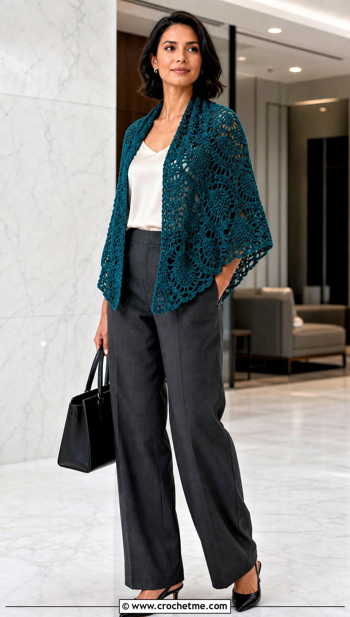 Half Circle Pineapple Crochet Shawl With Tailored Trousers - 25 pineapple crochet shawl outfit ideas