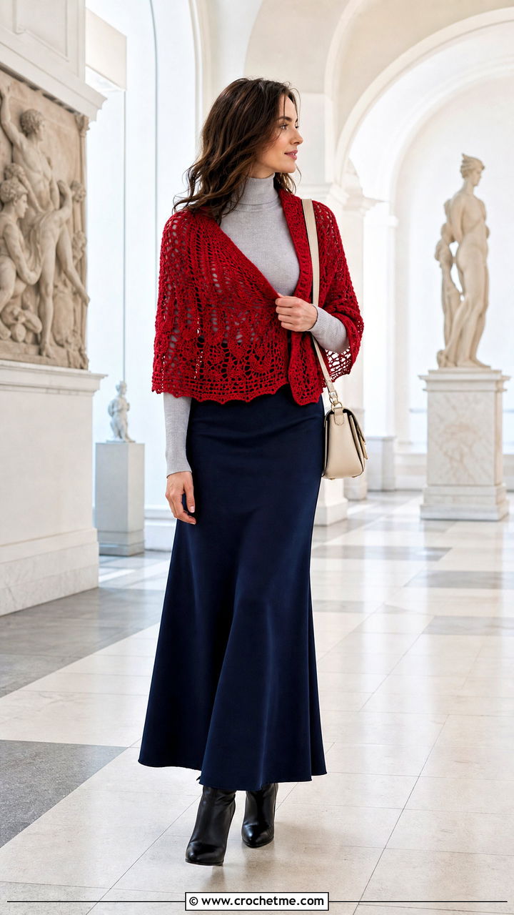 Half Circle Prayer Shawl With Turtleneck And Maxi Skirt - 35 crochet prayer shawl outfit ideas