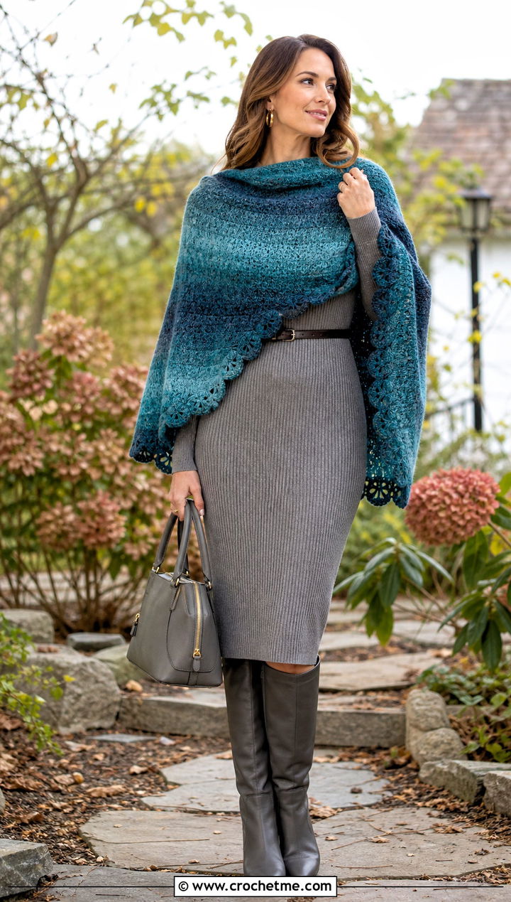 Half Circle Shawl With Knit Dress - 15 Lion Brand Crochet Shawl In A Ball outfit ideas