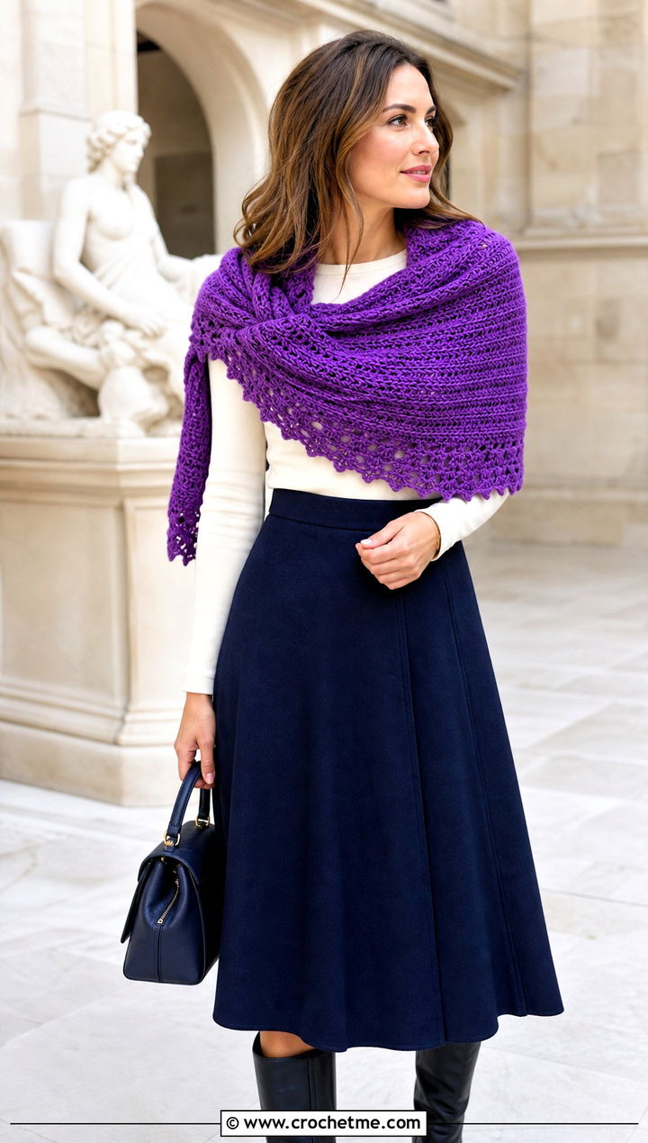 Half Circle Shawl With Midi Skirt - 25 Crochet Shawl In A Cake outfit ideas