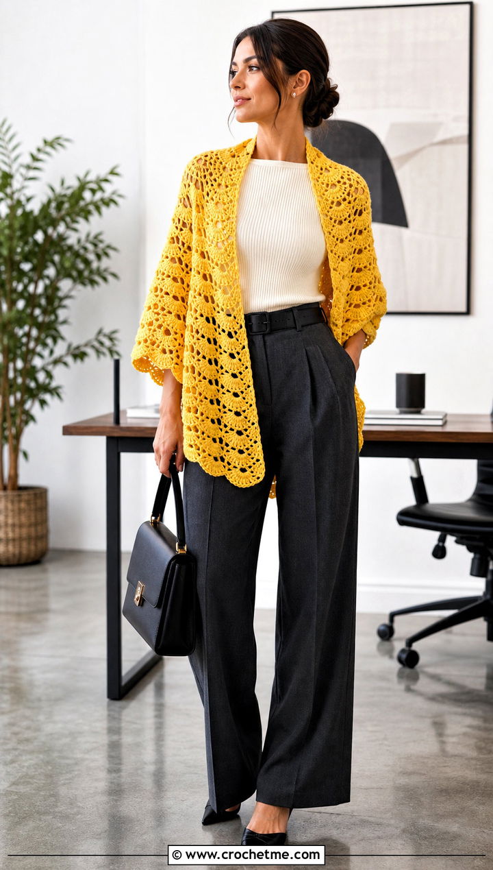Half Circle Shell Stitch Crochet Shawl With Wide Leg Trousers - 20 Circle Crochet Shawl outfit ideas