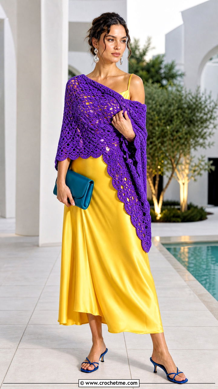 Half Circle Shell Stitch Shawl With A Satin Slip Dress - 35 crochet shawl outfit ideas