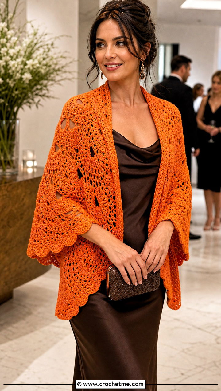 Half Circle Shell Stitch Shawl With Satin Slip Dress - 25 Victorian Crochet Shawl outfit ideas