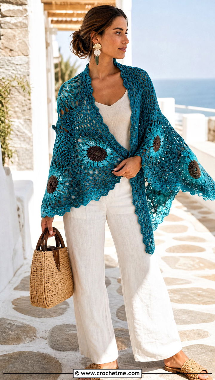 Half Circle Sunflower Crochet Shawl With Linen Pants - 20 Sunflower Crochet Shawl outfit ideas