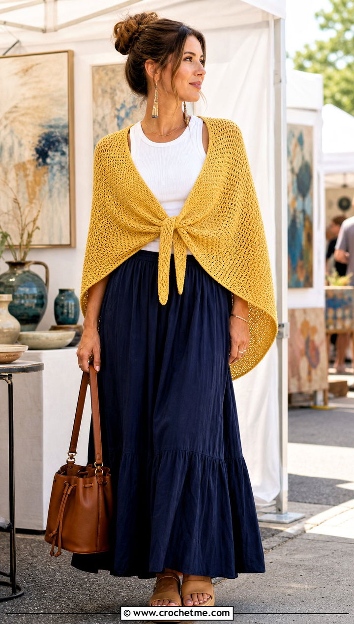 Half Circle Tunisian Crochet Wrap With Maxi Skirt - 25 Tunisian Crochet Wrap outfit ideas