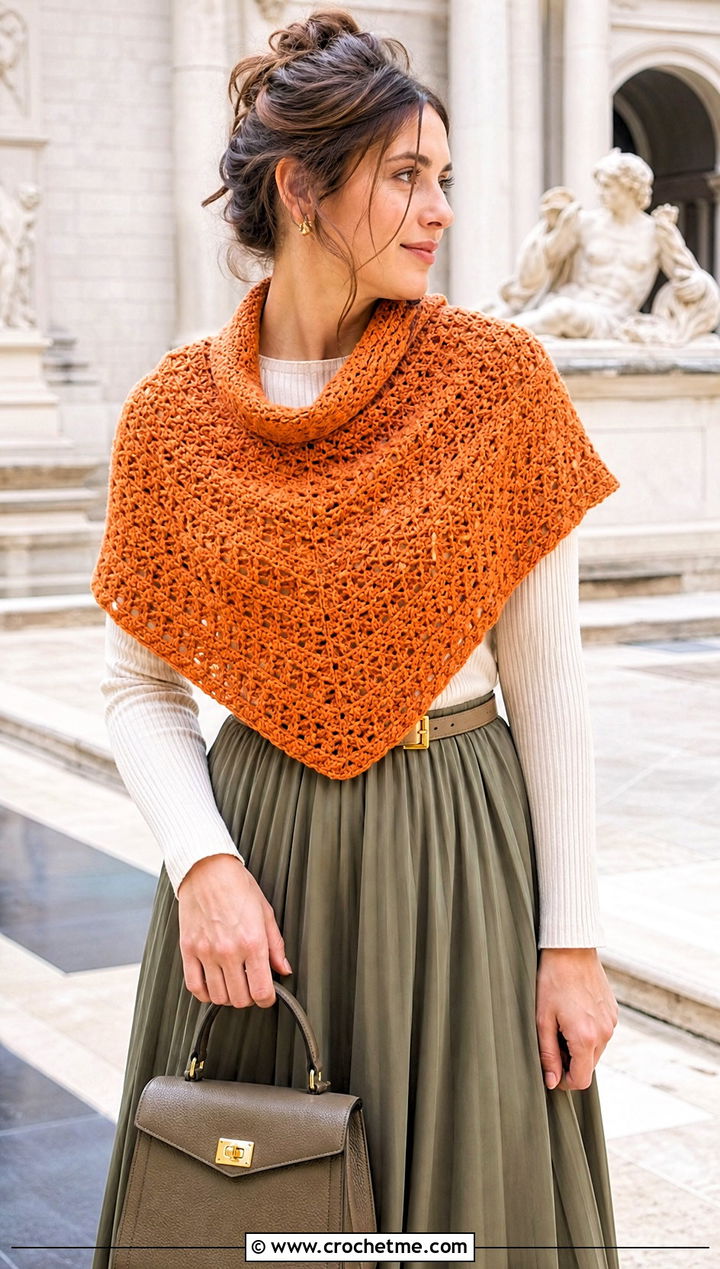 Half Circle V Stitch Crochet Shawl With Midi Skirt - 25 V Stitch Crochet Shawl outfit ideas