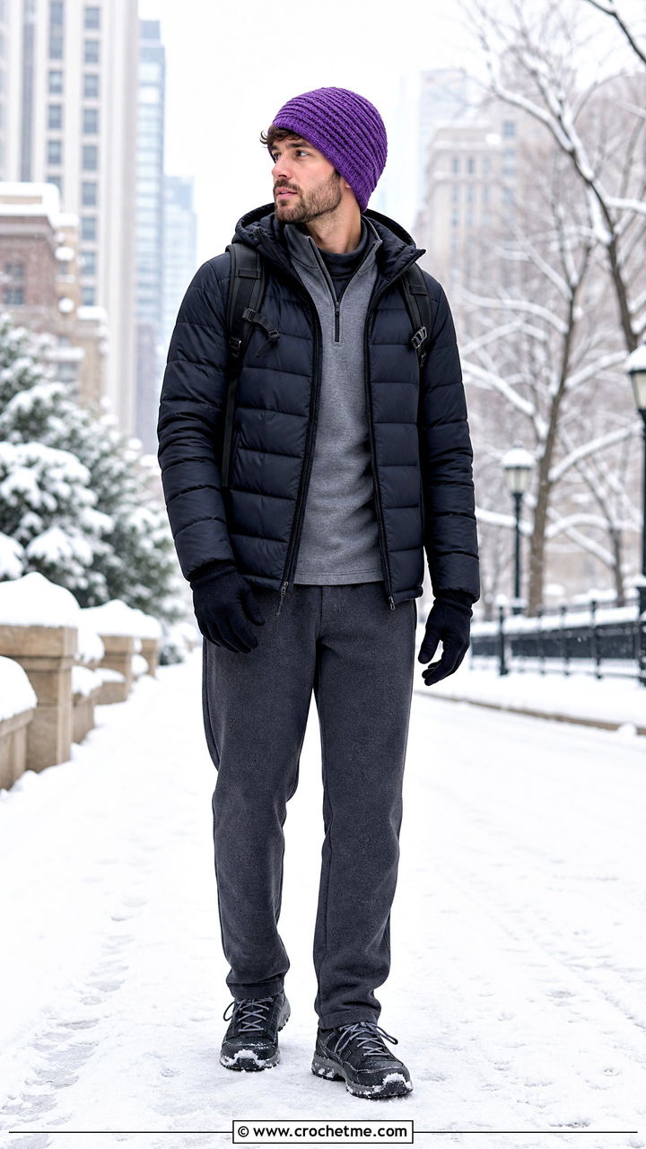 Half Double Crochet Beanie With Puffer Jacket - 35 men's crochet beanie outfit ideas