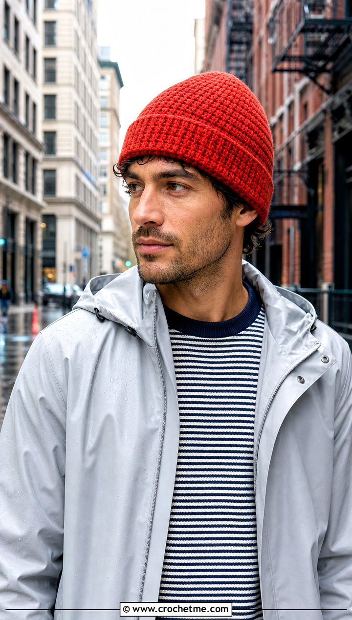 Half Double Crochet Beanie With Raincoat - 30 crochet man beanie outfit ideas