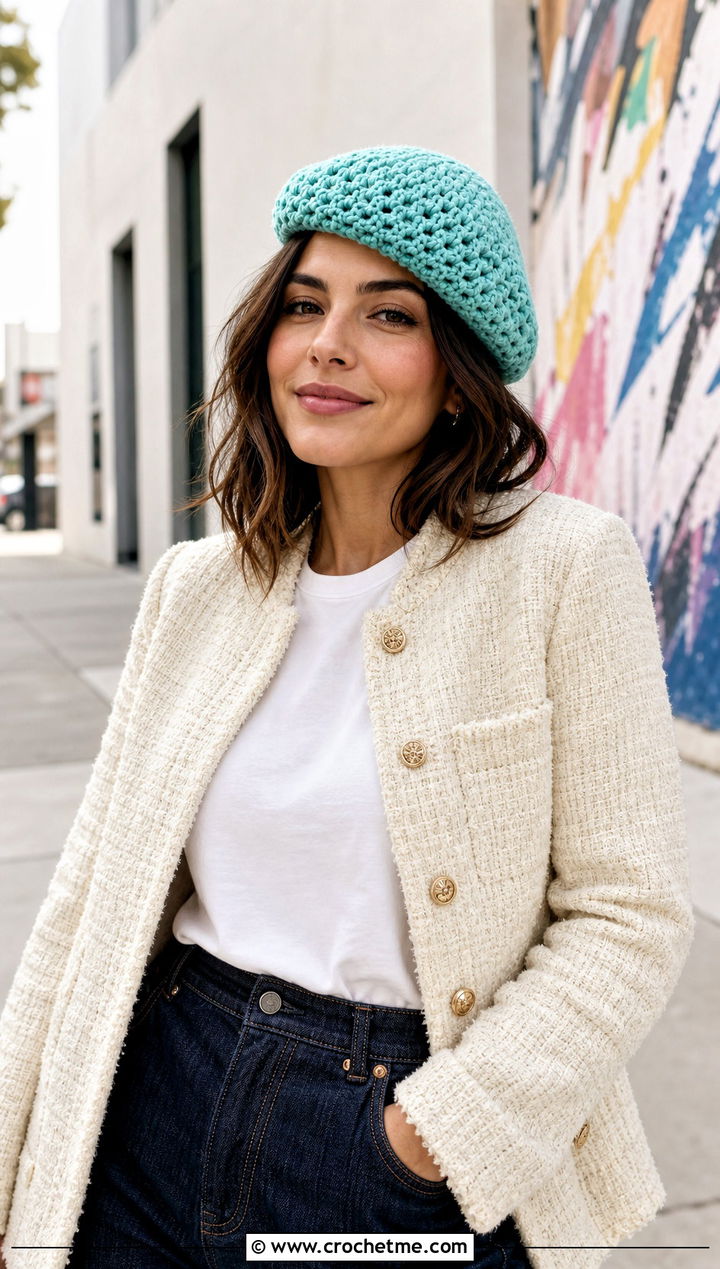 Half Double Crochet Beret With Tweed Jacket And Wide Leg Jeans - 30 Half Double Crochet Hat outfit ideas