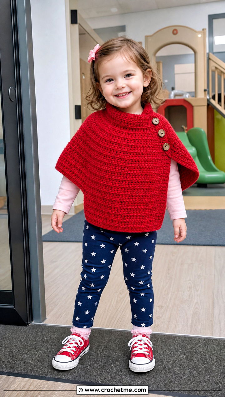 Half Double Crochet Carseat Poncho With Printed Leggings - 25 Crochet Carseat Poncho outfit ideas