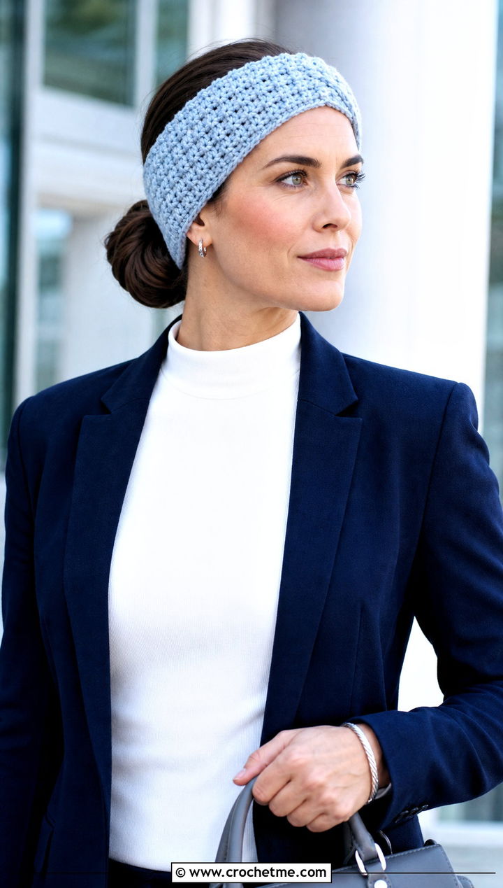 Half Double Crochet Ear Warmer With Blazer - 25 Beginner Crochet Ear Warmer outfit ideas