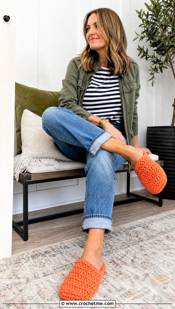 Half Double Crochet Rectangle Slippers With Cuffed Jeans - 20 Easy Crochet Slippers From A Rectangle outfit ideas