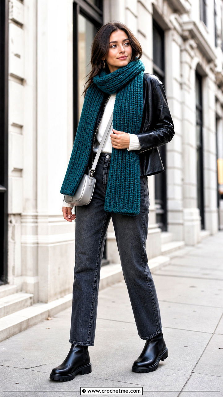 Half Double Crochet Ribbed Scarf With Leather Jacket - 35 beginner crochet scarf outfit ideas