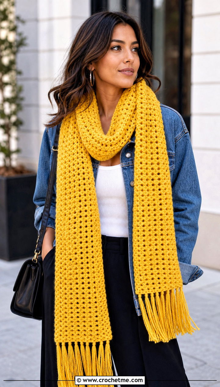 Half Double Crochet Scarf With Denim Jacket - 20 Beginner Crochet Projects Scarf outfit ideas