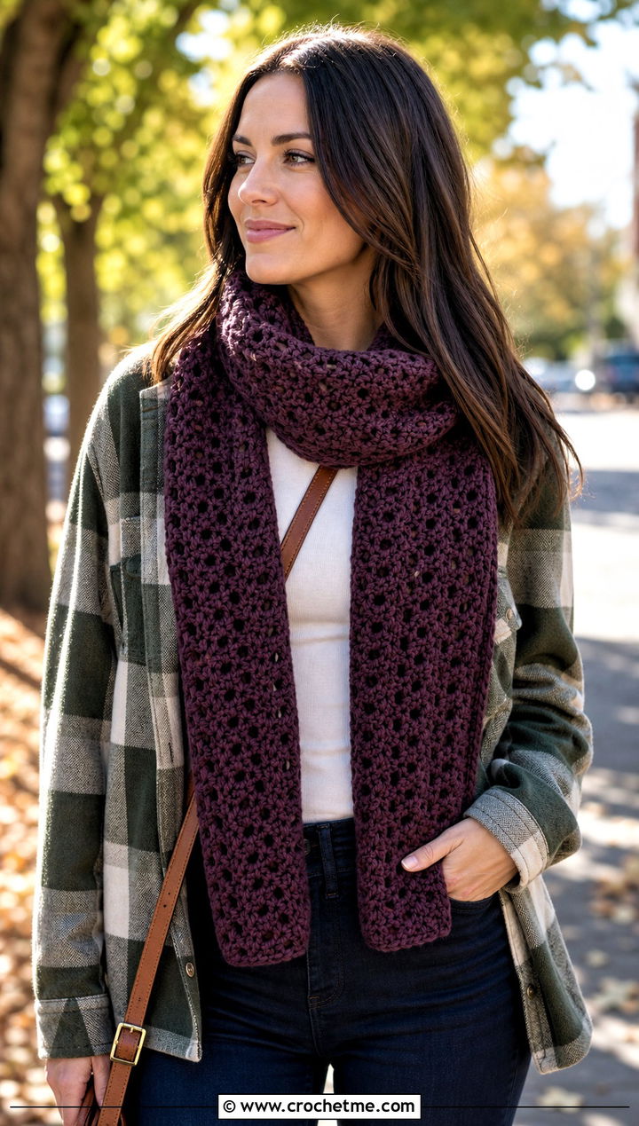Half Double Crochet V Stitch Scarf With Shacket - 30 crochet v stitch scarf outfit ideas