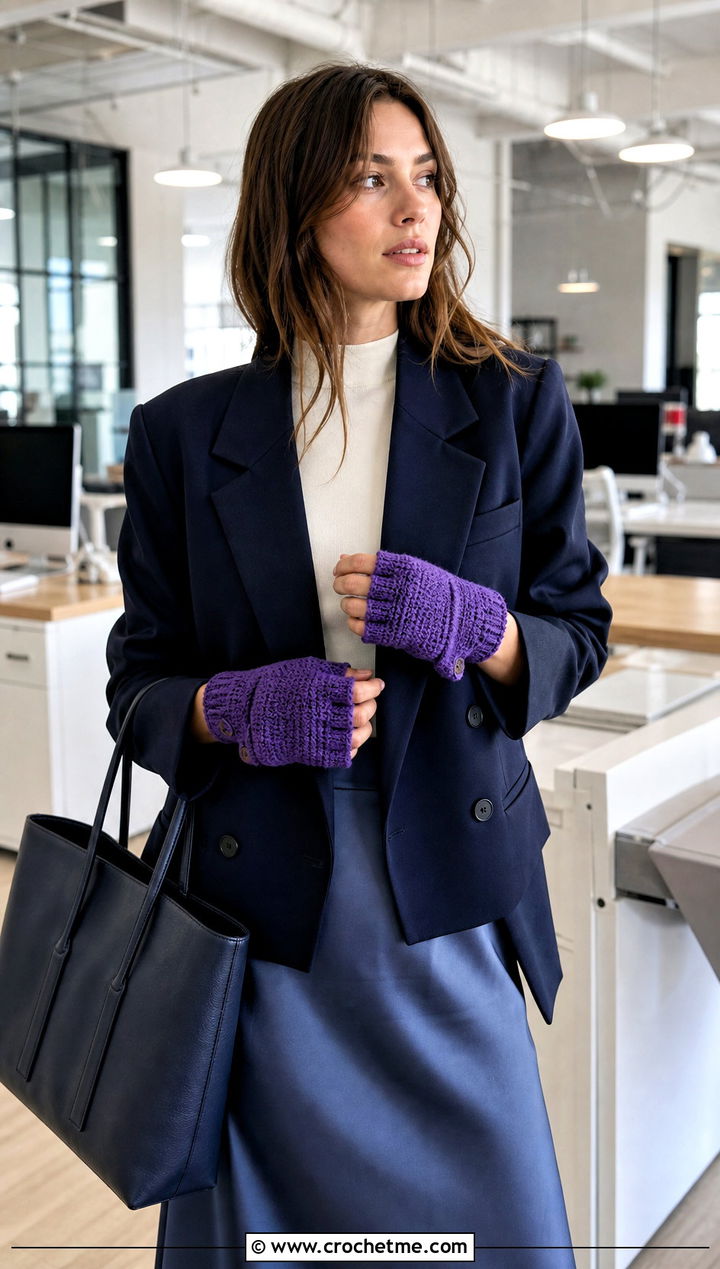 Half Finger Convertible Crochet Gloves With Blazer and Midi Skirt - 20 Convertible Crochet Gloves outfit ideas
