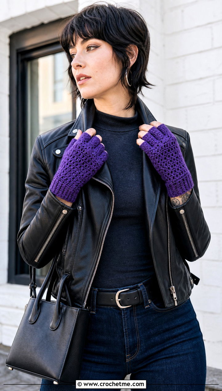 Half Finger Crochet Gloves With Biker Jacket - 30 fingerless crochet gloves outfit ideas
