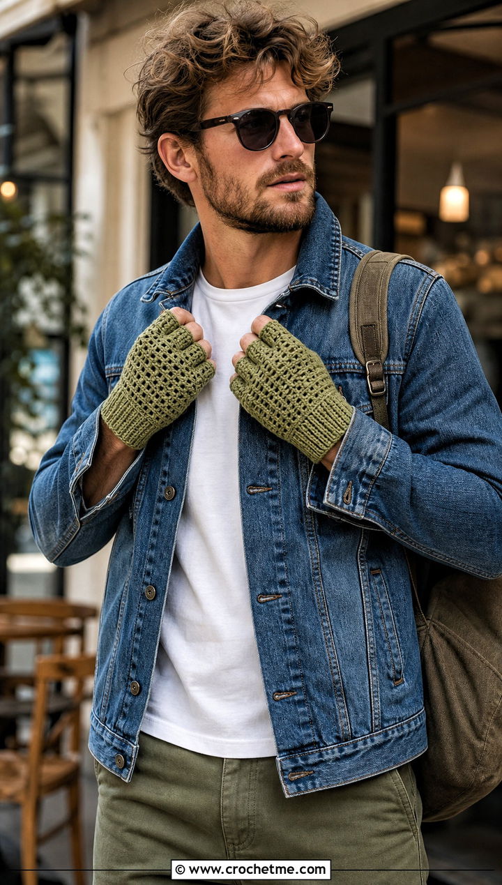 Half Finger Crochet Gloves With Denim Jacket - 25 Crochet Mens Fingerless Gloves outfit ideas