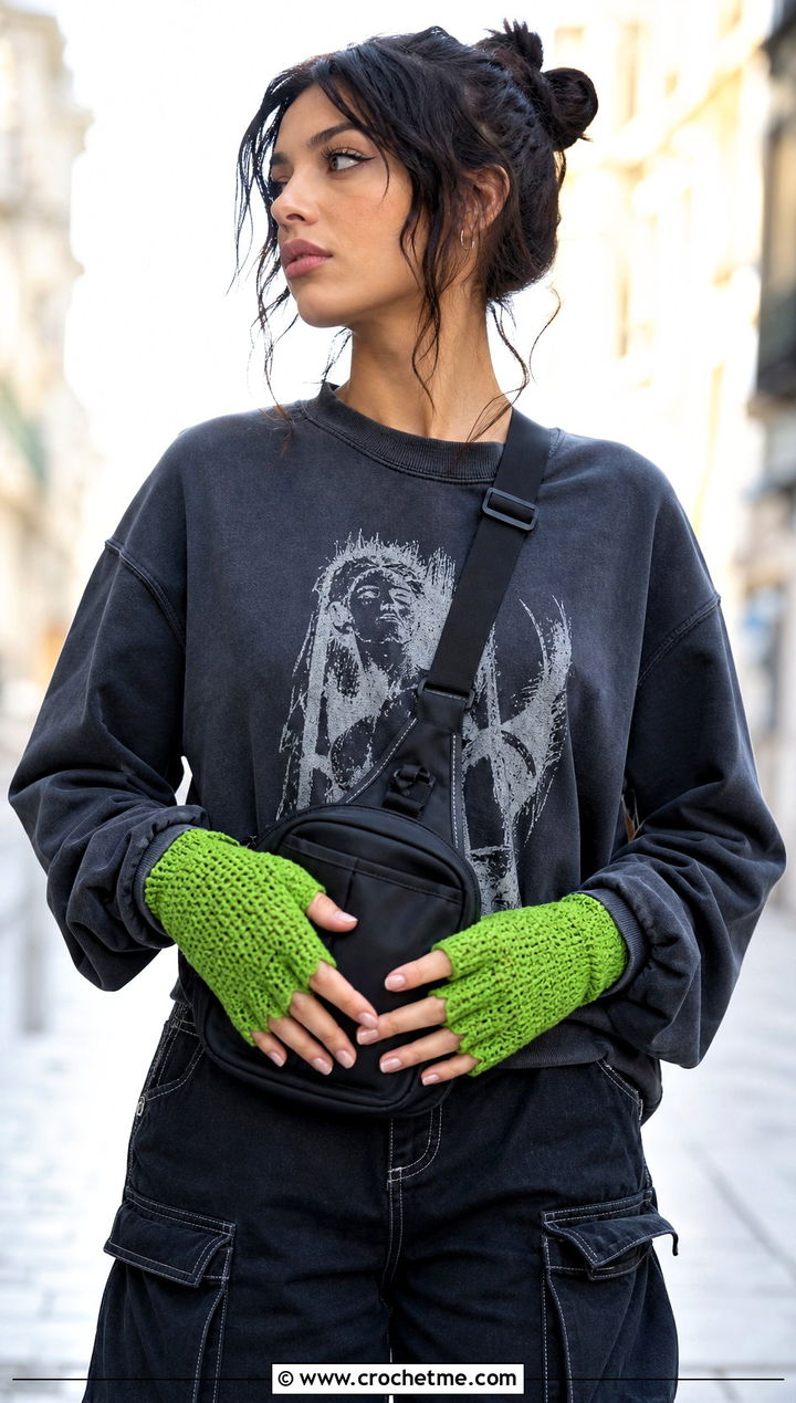 Half Finger Crochet Gloves With Graphic Sweatshirt - 25 crochet glove outfit ideas