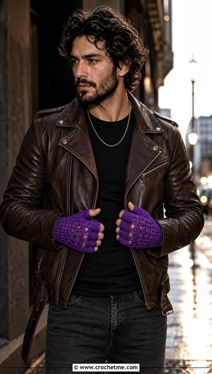 Half Finger Crochet Gloves With Leather Jacket - 25 men's crochet gloves outfit ideas