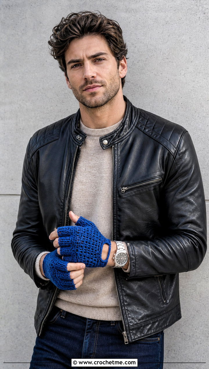 Half Finger Crochet Gloves With Leather Jacket - 25 Crochet Mens Gloves outfit ideas