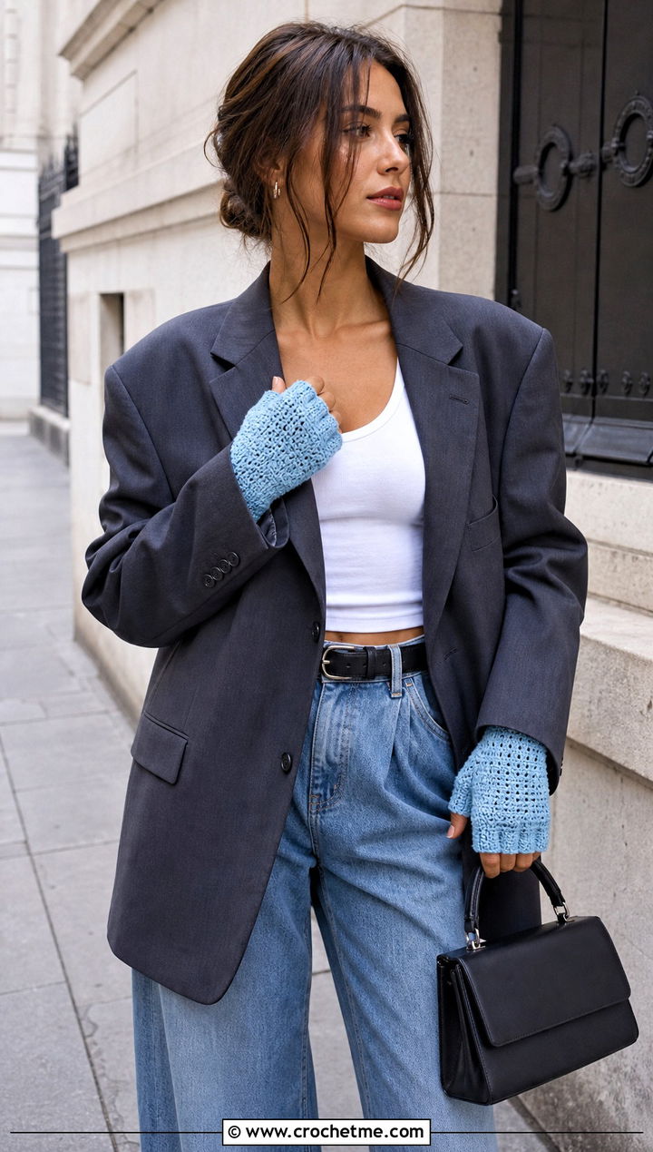 Half Finger Crochet Gloves With Oversized Blazer - 25 Diy Crochet Fingerless Gloves outfit ideas